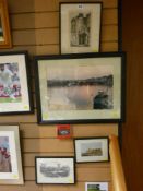 Framed etching of the entrance of Aberystwyth College, a framed etching of St David's Cathedral, a
