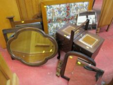 Polished wood cantilever sewing box with leather tooled top and a parcel of mirrors along with a