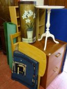 Two drawer teak filing cabinet, light wood folding table and chair, CD tower rack, two rugs etc