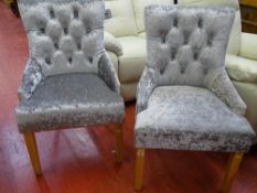 Pair of modern silver/grey velour upholstered button backed chairs