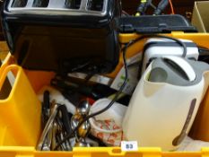 Tub of household kitchen cutlery, toaster, kettle etc E/T