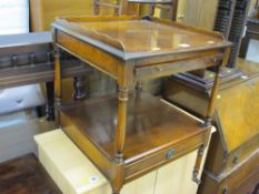 Reproduction walnut two tier stand with inlay, brush slider and lower base drawer