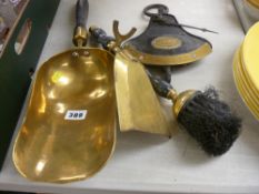 Vintage Salter & Co quadrant balance, a brass scoop and a fireside brush and shovel set