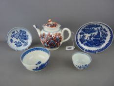 First period Worcester circa 1760 porcelain, a group in 'Three Flowers' and 'Cormorant' patterns