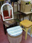 Nest of three oak tables, corner stand, wicker box stool etc