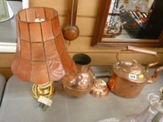 Vintage copper kettle, a brass table lamp and shade and two further copper items etc