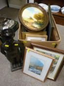 Cast metal boy figure fire irons set and a box of assorted paintings and prints etc