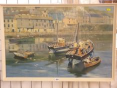 DAVID SHEPHERD print - fishing boats in harbour, 50 x 75 cms