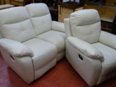 Cream faux leather compact and reclining two seater sofa with single reclining armchair