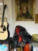 Modern oil on board - girls with bouquets of flowers and a motorbiker's leather jacket