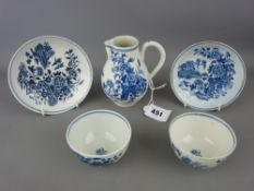 First period Worcester blue and white sparrow beak jug and two tea bowls and saucers, circa 1770, '