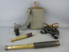 Military issue water flask, a pair of German binoculars, a three draw telescope marked 'The