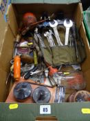 Box of garage items - spanners, small red vintage oil can, bit 'n' brace etc