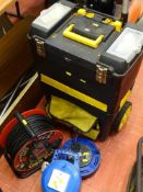 Plastic wheeled mobile toolbox and contents and three cable reel extension leads E/T