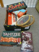 Vintage board game, tennis racquets etc