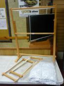 Crocheted bedspread, tapestry stand and two others