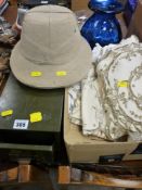 Parcel of miscellany including a safari hat, vintage filing box and table linen