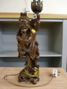 Wooden carved table lamp in the form of an Oriental fisherman E/T