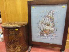 Polished wood firescreen with frigate tapestry insert and a demi-lune box seat with frigate carved