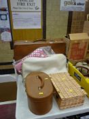 Parcel of vintage luggage, linen etc