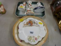 Wileman & Co commemorative plate, a floral decorated plate and a tray, two Staffs dog figurines