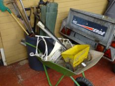 Parcel of long handled garden tools in a plastic bin, metal wheelbarrow etc