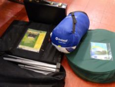 Parcel of outdoor items including pop-up cover, folding seat, sleeping bag and a camping kitchen