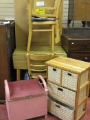 Wood effect drop leaf kitchen table and three chairs, modern pine framed chest of three baskets
