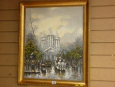 J GASTON oil on canvas - busy city scene, 59 x 49 cms