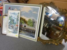 Rococo style gilt framed wall mirror and a quantity of framed prints