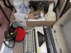 Vintage cased Olympia typewriter and a box of mixed household items including food mixer etc