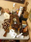 Vintage small wall clock, selection of jewellery cabinets, other treen items including a large set
