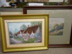 Colourful framed print of thatched cottages and a framed colourwash study, possibly Snowdon view,