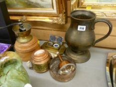 Lustre pedestal jug, a wood and brass coffee grinder, vintage wine implements, brass inkwell etc