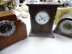 Mantel clock with barley twist supports, an Art Deco Smiths style clock and a polished mantel clock