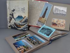 Japanese velvet covered postcard album and two others with mainly mid Century postcard contents