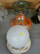 Globular lampshade, an iridescent glass example, a metalware dish on stand and a Victorian