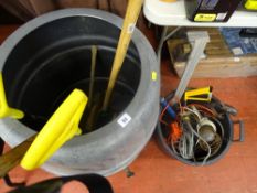 Plastic water butt, quantity of garage and garden items and a plastic bucket of garage and garden