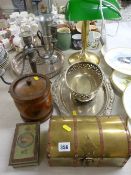 Brass and copper casket, a vintage style desk lamp, a selection of trays and other metalware etc