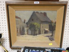 Unsigned oil on board - village scene with trees, 24 x 28 cms