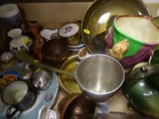 Box of Staffs jugs, Doulton Toby jugs, electroplate, glassware etc