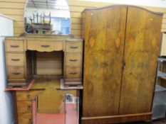 Walnut finished two door wardrobe and two non-matching kneehole dressing chests