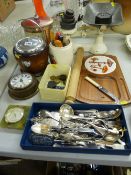 Set of cast iron kitchen scales and weights and other kitchenware, a quantity of loose EPNS and