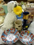 White Staffs comforter dog, two Imari bowls, an agate ware coffee pot and cover etc