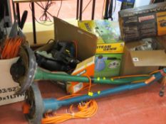 Large parcel of household and garage items including iron, Kenwood Chef, Steam Genie, strimmers