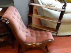 Arts & Crafts style three shelf wall rack and an 'X' frame button backed chair