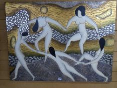 Composition art form wall board, sgraffito style decoration of a group of naked dancing females,