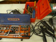 Gedore cased socket set and a parcel of garage tools including Clarke grinder E/T