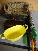 Three vintage umbrellas, a crocodile effect handbag, a pair of loppers etc