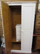 Pine white painted two door wardrobe with similar three drawer bedside chest (inside)